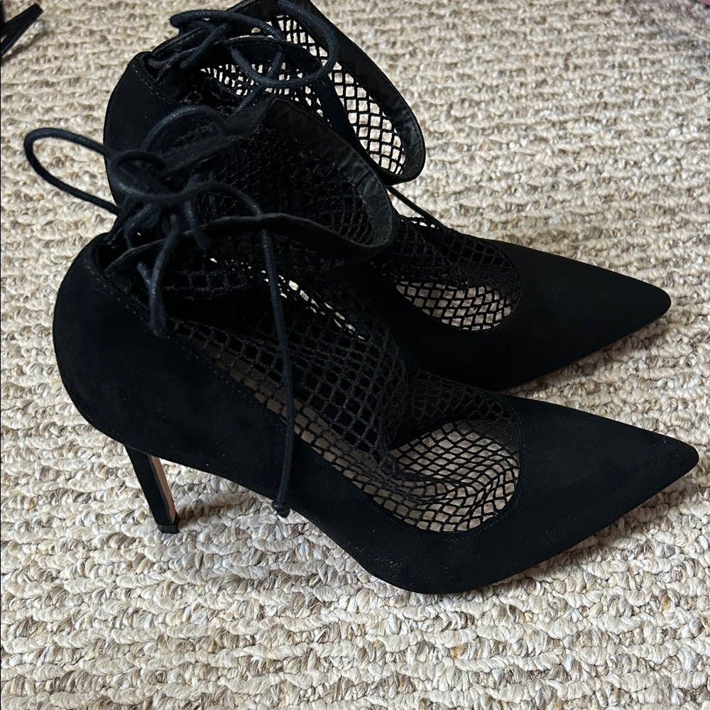 Zara Black Mesh Lace-Up Heels